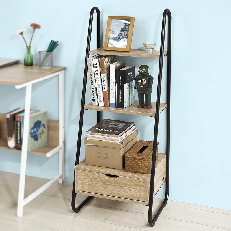 SoBuy FRG219-N Bibliothèque Étagère Style échelle de 3 Niveaux et 1 tiroir Structure