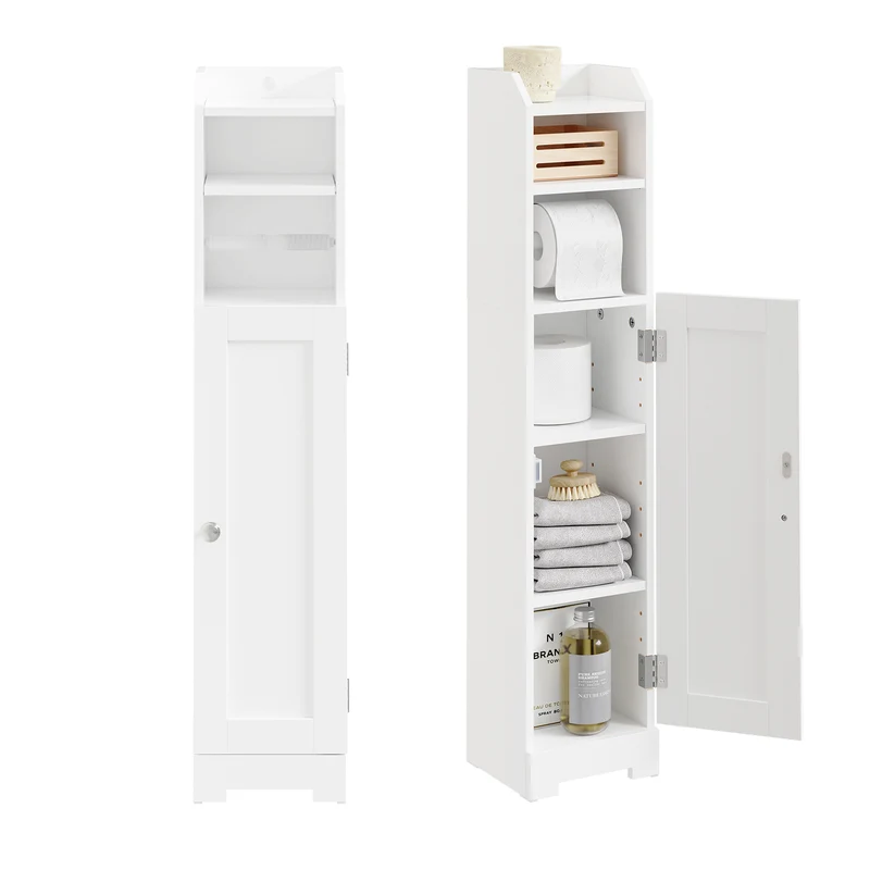 sebuyfr.comG177-II-W Meuble Salle de Bain 20 cm de Largeur sur Pied avec Support Papier et Porte - Petit Meuble WC Rangement Gain de Place Blanc