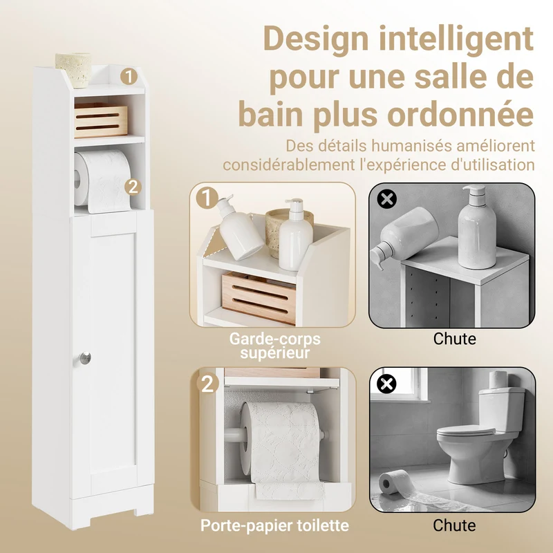 sebuyfr.comG177-II-W Meuble Salle de Bain 20 cm de Largeur sur Pied avec Support Papier et Porte - Petit Meuble WC Rangement Gain de Place Blanc