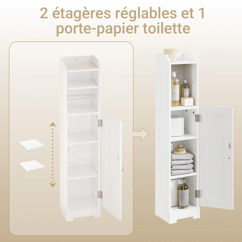 sebuyfr.comG177-II-W Meuble Salle de Bain 20 cm de Largeur sur Pied avec Support Papier et Porte - Petit Meuble WC Rangement Gain de Place Blanc