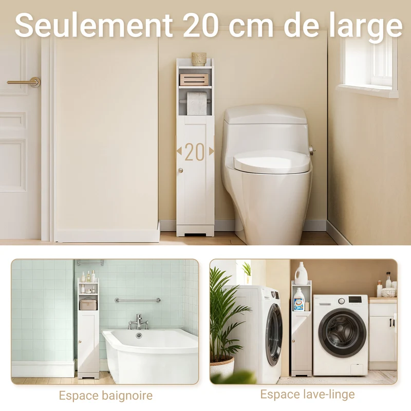 sebuyfr.comG177-II-W Meuble Salle de Bain 20 cm de Largeur sur Pied avec Support Papier et Porte - Petit Meuble WC Rangement Gain de Place Blanc