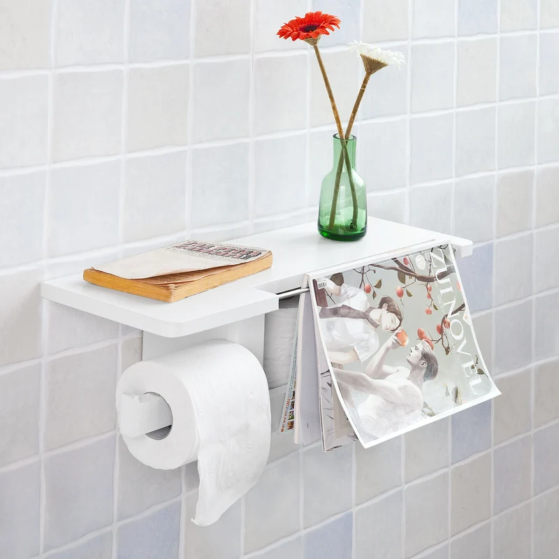 sebuyfr.comG175-W Dérouleur Papier Toilette Distributeur WC Porte Papier Mural avec Support pour Déposer Smartphone et Porte-revues