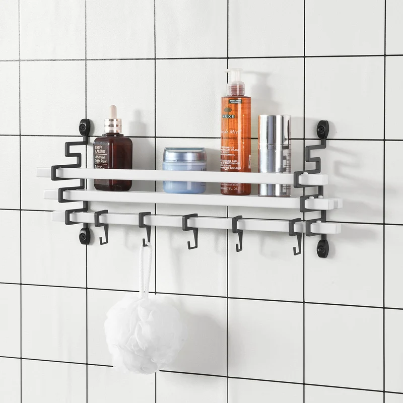 SoBuy FRG173-W Etagère Design murale avec 5 crochets mobiles, Cuisine Salle de Bain