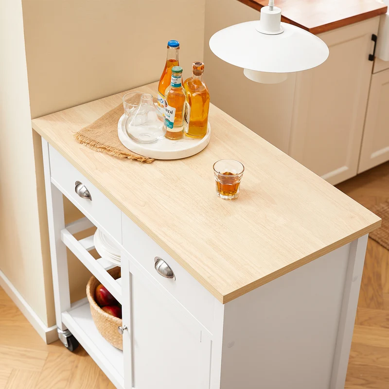 SoBuy FKW62-II-WN Desserte Cuisine avec Roulettes, 2 Tiroirs et 1 Porte, Mobile, pour Cuisine et Salle à Manger, Pratique – L87×P48×H89 cm, Blanc et Naturel