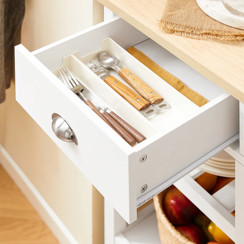 SoBuy FKW62-II-WN Desserte Cuisine avec Roulettes, 2 Tiroirs et 1 Porte, Mobile, pour Cuisine et Salle à Manger, Pratique – L87×P48×H89 cm, Blanc et Naturel