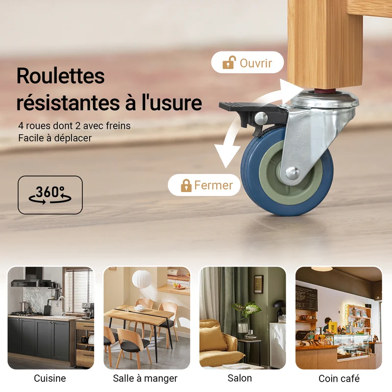 SoBuy FKW28-SCH Desserte Cuisine avec Roulettes et Étagère, Mobile, pour Cuisine et Salle à Manger, Rangement Optimisé, Pratique – L58×P40×H85 cm, Bambou, Noir