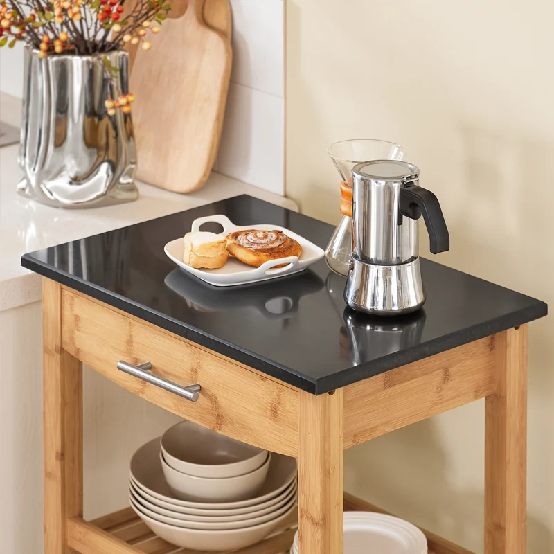 SoBuy FKW28-SCH Desserte Cuisine avec Roulettes et Étagère, Mobile, pour Cuisine et Salle à Manger, Rangement Optimisé, Pratique – L58×P40×H85 cm, Bambou, Noir