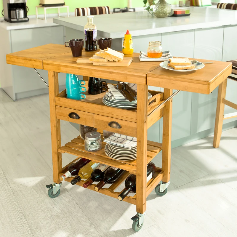 SoBuy FKW25-N Desserte Cuisine avec Roulettes, Plateau Rabattable et Tiroirs, Format Compact, Mobile, Rangement Optimisé – L135×P37×H92 cm, Bambou, Naturel