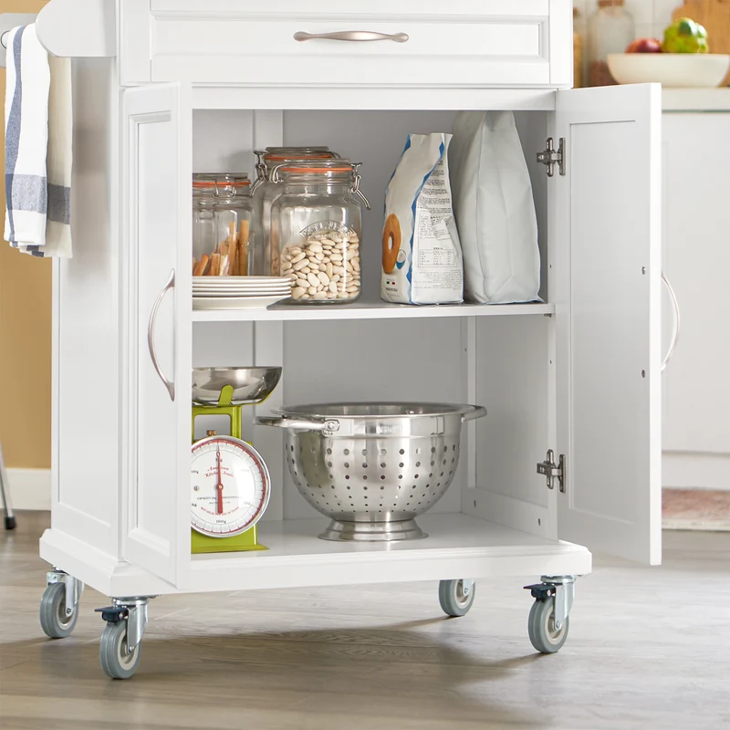 SoBuy FKW13-WN Desserte Cuisine avec Roulettes, Plateau en Bambou, 1 Tiroir et 2 Portes, Mobile, Rangement Optimisé – L66×P45×H91 cm, Bambou, Blanc et Naturel
