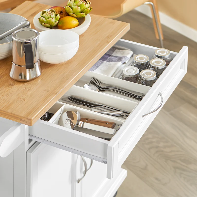 SoBuy FKW13-WN Desserte Cuisine avec Roulettes, Plateau en Bambou, 1 Tiroir et 2 Portes, Mobile, Rangement Optimisé – L66×P45×H91 cm, Bambou, Blanc et Naturel