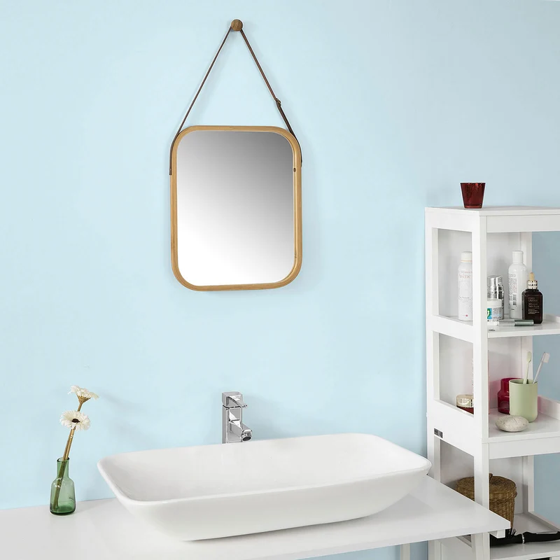 SoBuy BZR03-N Miroir Mural Bambou Miroir Salle de Bain avec Poignée et Crochet