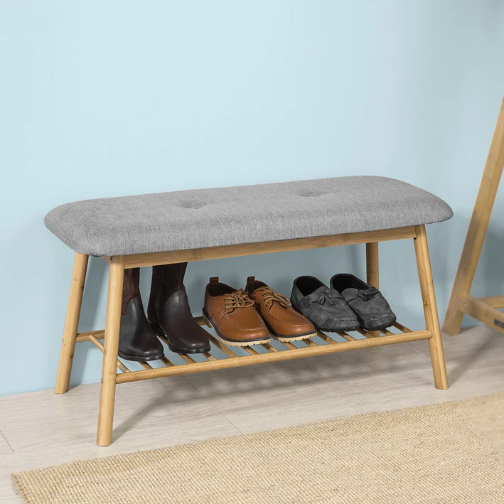 SoBuy FSR24-K-HG Banc à Chaussures Design avec Assise et 1 Étage de Rangement pour Entrée – 91x34x45 cm, Gris