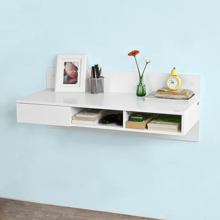 SoBuy FWT30-W Bureau informatique Table murale avec 1 tiroir et 2 compartiments-Blanc