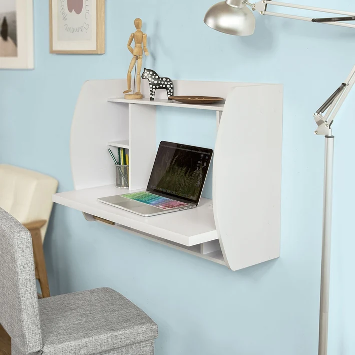 SoBuy FWT18-W Table murale Bureau avec Étagère intégrée Armoire de rangement Blanc