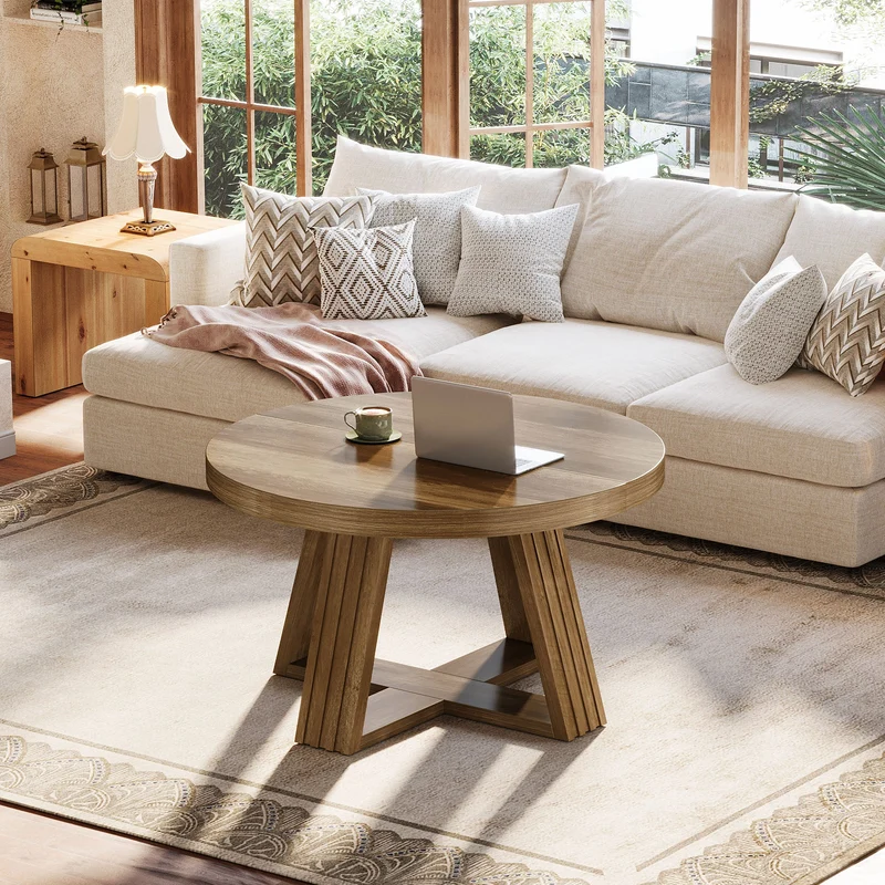 Tribesigns Table basse ronde 80 cm, Style champêtre table de salon avec motif bois et structure en croix