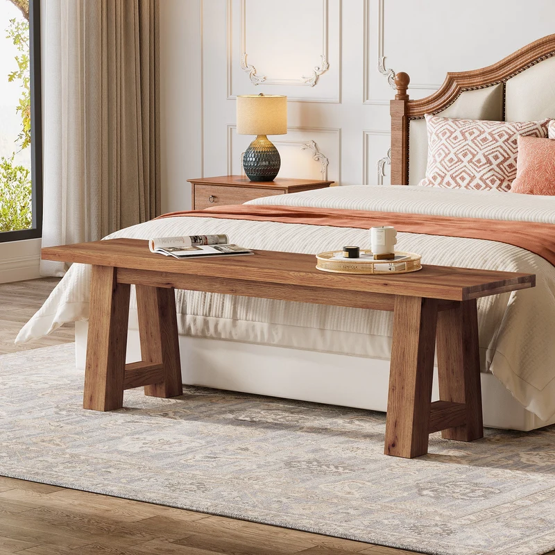 Banc en bois massif de 140 cm de long, Style champêtre en bois naturel