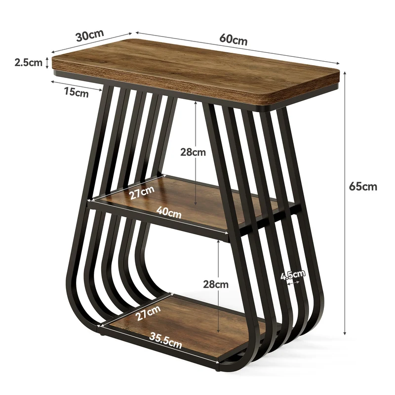 Table d'appoint à 3 niveaux, Table de chevet étroite pour petites chambres Table basse en bois de style industriel