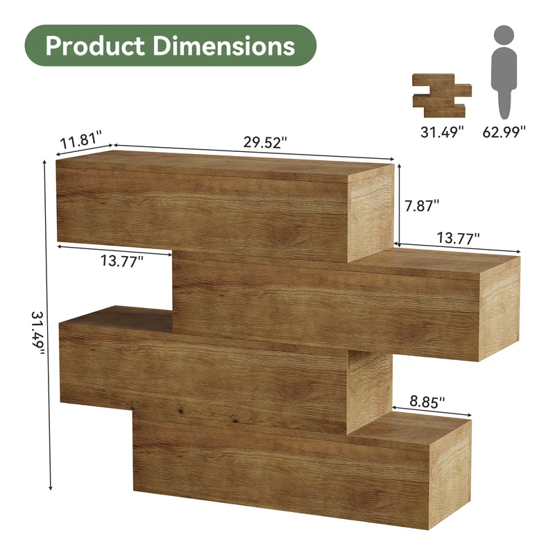 Console en bois massif de 110 cm avec 4 étagères, Table d'entrée étroite de style champêtre