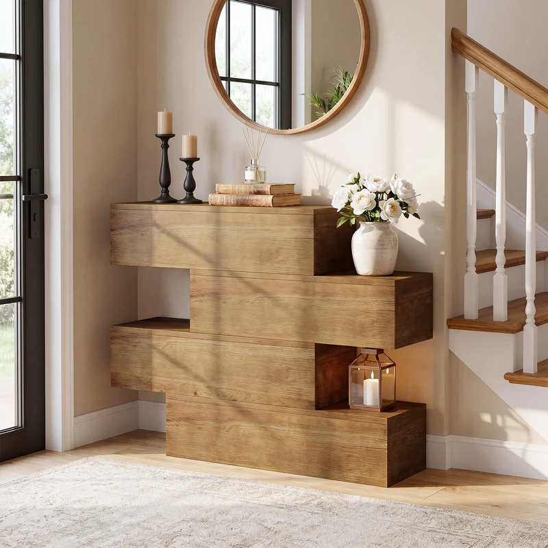 Console en bois massif de 110 cm avec 4 étagères, Table d'entrée étroite de style champêtre