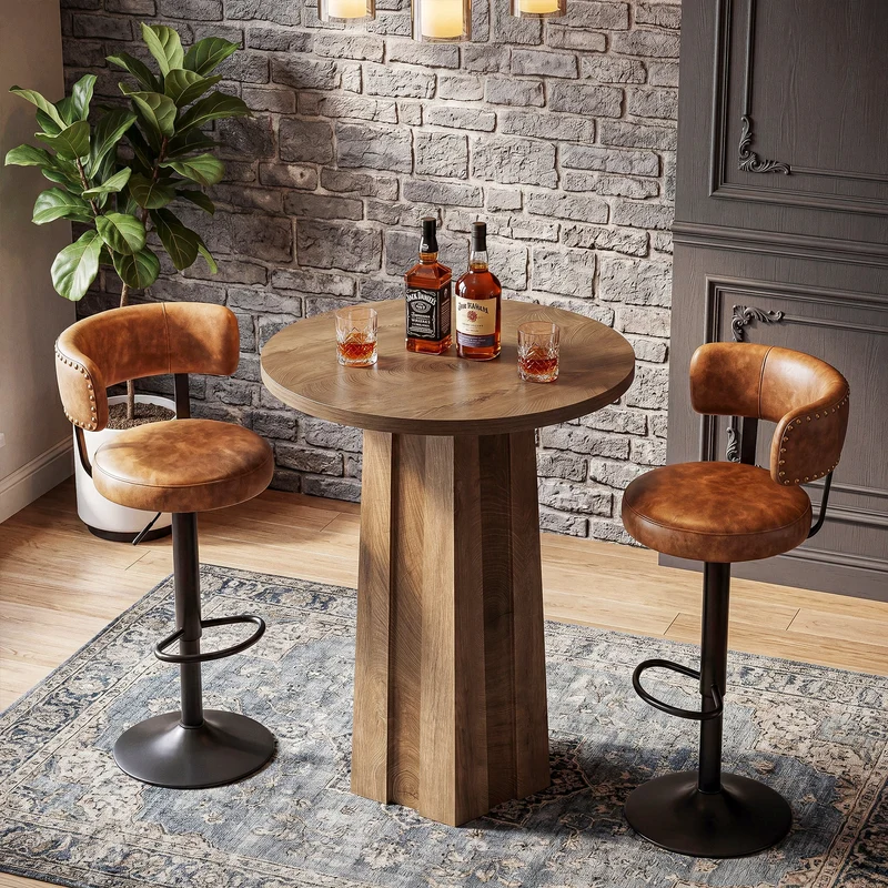 Table de bar ronde de 80 cm avec pied central rainuré, Table de bistrot moderne à hauteur de comptoir