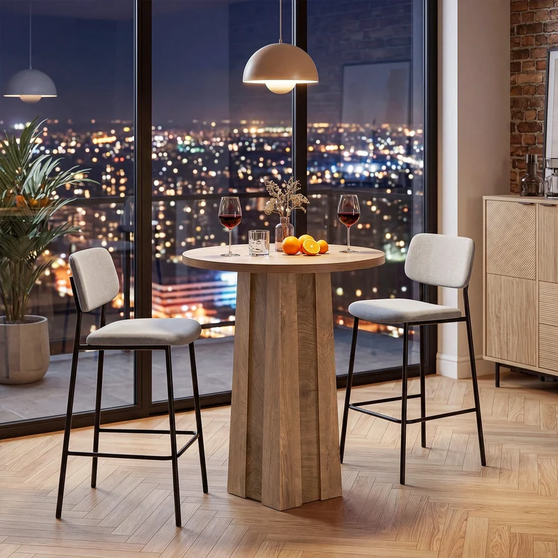 Table de bar ronde de 80 cm avec pied central rainuré, Table de bistrot moderne à hauteur de comptoir
