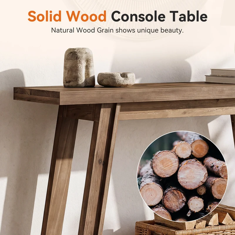 Tribesigns Console en bois massif de 105 cm avec étagère, Table basse à 2 niveaux de style champêtre