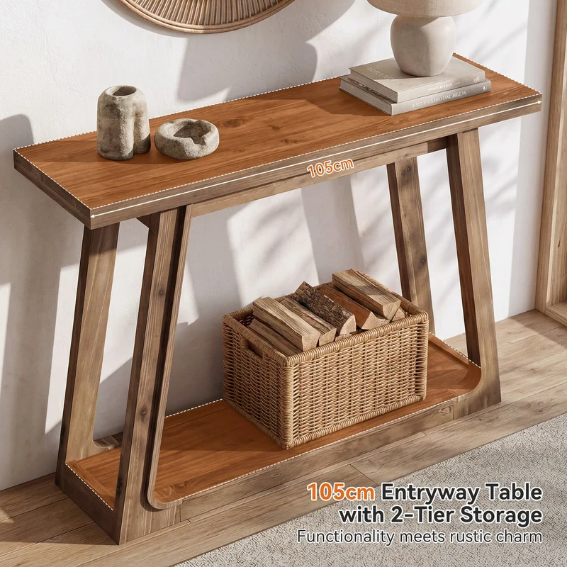 Tribesigns Console en bois massif de 105 cm avec étagère, Table basse à 2 niveaux de style champêtre