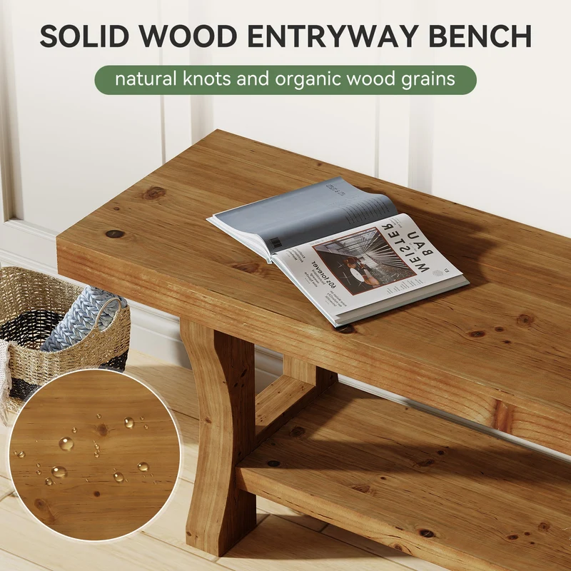Banc en bois massif de 140 cm, Long banc en bois de style campagnard avec rangement