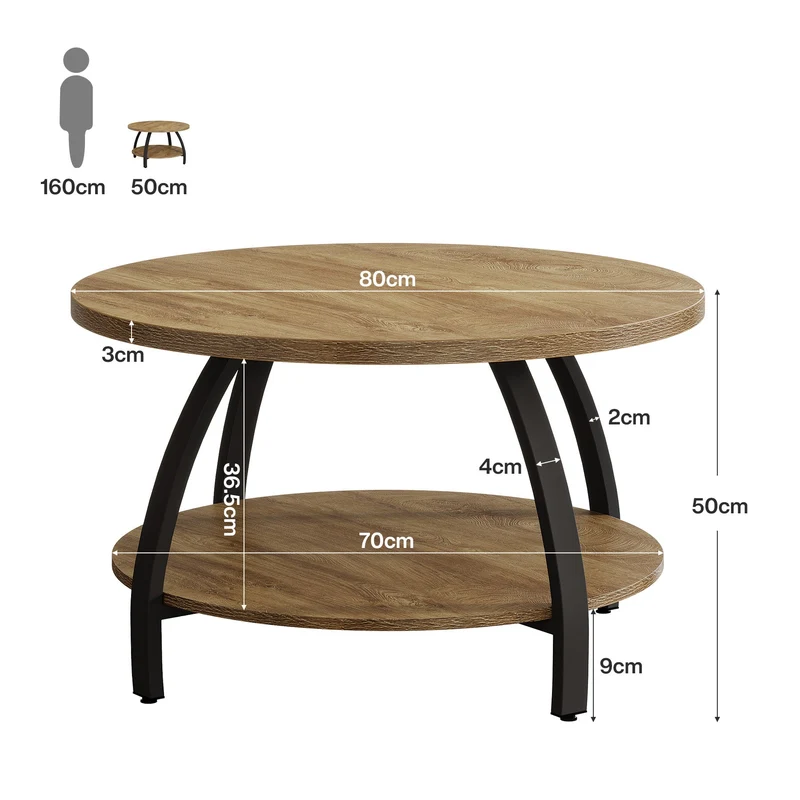Tribesigns Table basse ronde de 80 cm avec 2 étagères, Petite table d'appoint de style industriel avec pieds en métal