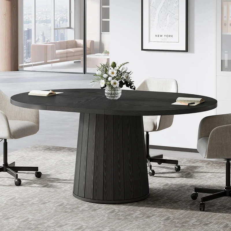 Tribesigns Table de conférence ovale 140 cm pour 6 personnes, Table de réunion en bois avec base stable noire