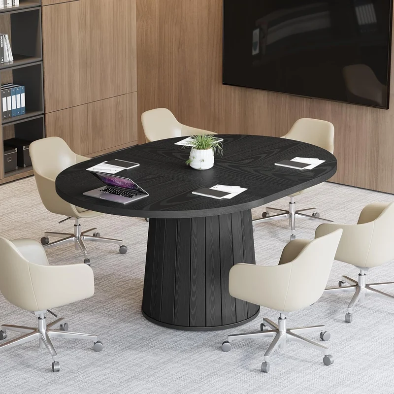 Tribesigns Table de conférence ovale 140 cm pour 6 personnes, Table de réunion en bois avec base stable noire