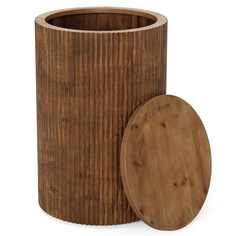 Table d'appoint ronde en bois massif avec rangement, Table d'appoint rainurée à monter soi-même, avec 4 roulettes