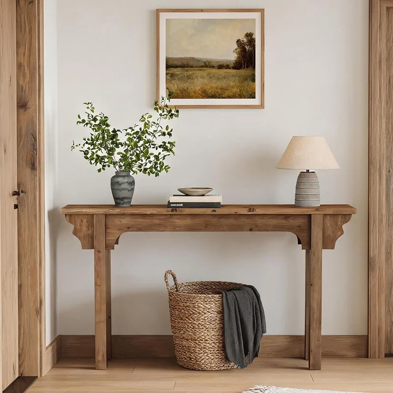 Console en bois massif au design latéral unique, Table d'entrée rustique pour salon, couloir ou hall d'entrée