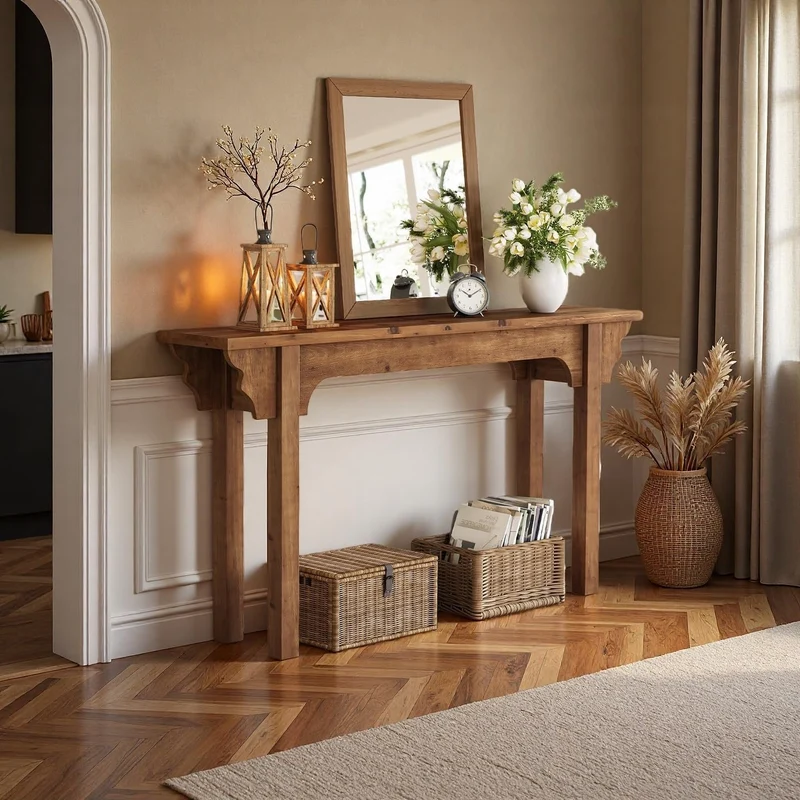 Console en bois massif au design latéral unique, Table d'entrée rustique pour salon, couloir ou hall d'entrée