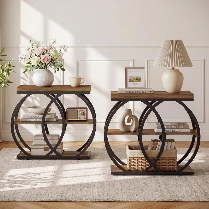 TribesignsTable d'appoint à 3 niveaux en bois, 60 x 65 x 30 cm, Table basse étroite de style rustique avec rangement