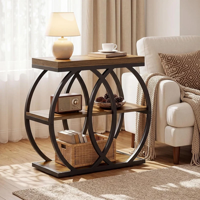 TribesignsTable d'appoint à 3 niveaux en bois, 60 x 65 x 30 cm, Table basse étroite de style rustique avec rangement