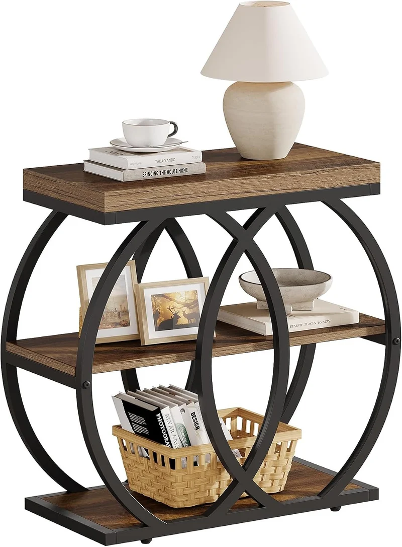 TribesignsTable d'appoint à 3 niveaux en bois, 60 x 65 x 30 cm, Table basse étroite de style rustique avec rangement