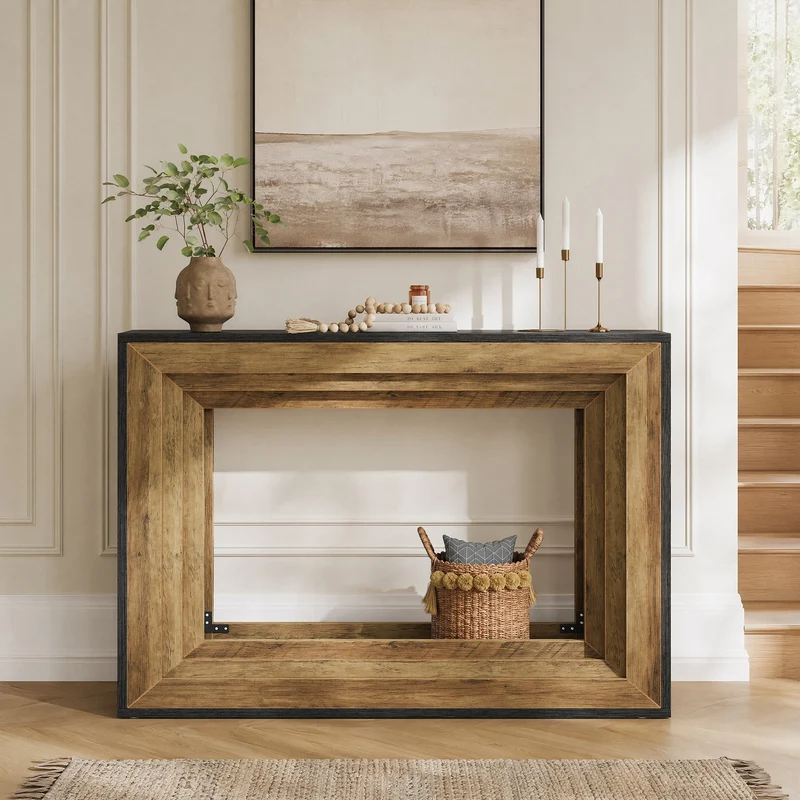 Console 105 cm avec 2 étagères, Table d'entrée étroite pour salon et hall d'entrée