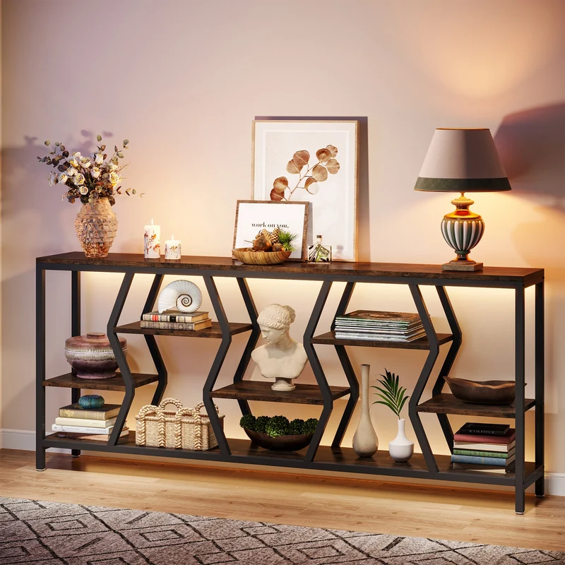 Tribesigns Console de 180 cm avec 4 étagères, Table basse étroite de style industriel champêtre