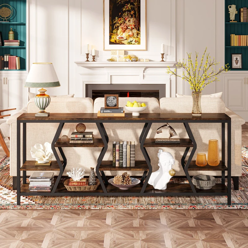Tribesigns Console de 180 cm avec 4 étagères, Table basse étroite de style industriel champêtre