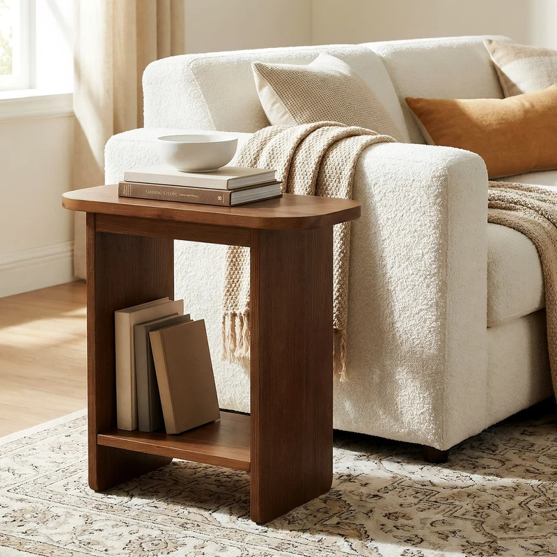Table d'appoint en bois massif en forme de H à deux niveaux avec étagère de rangement
