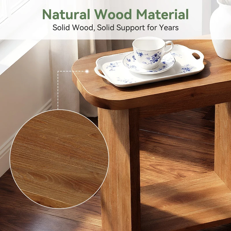 Table d'appoint en bois massif en forme de H à deux niveaux avec étagère de rangement