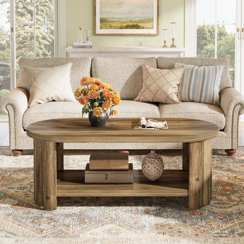 Tribesigns Table basse ovale 120 cm avec compartiment de rangement, Table de salon maison de campagne avec pied rainuré