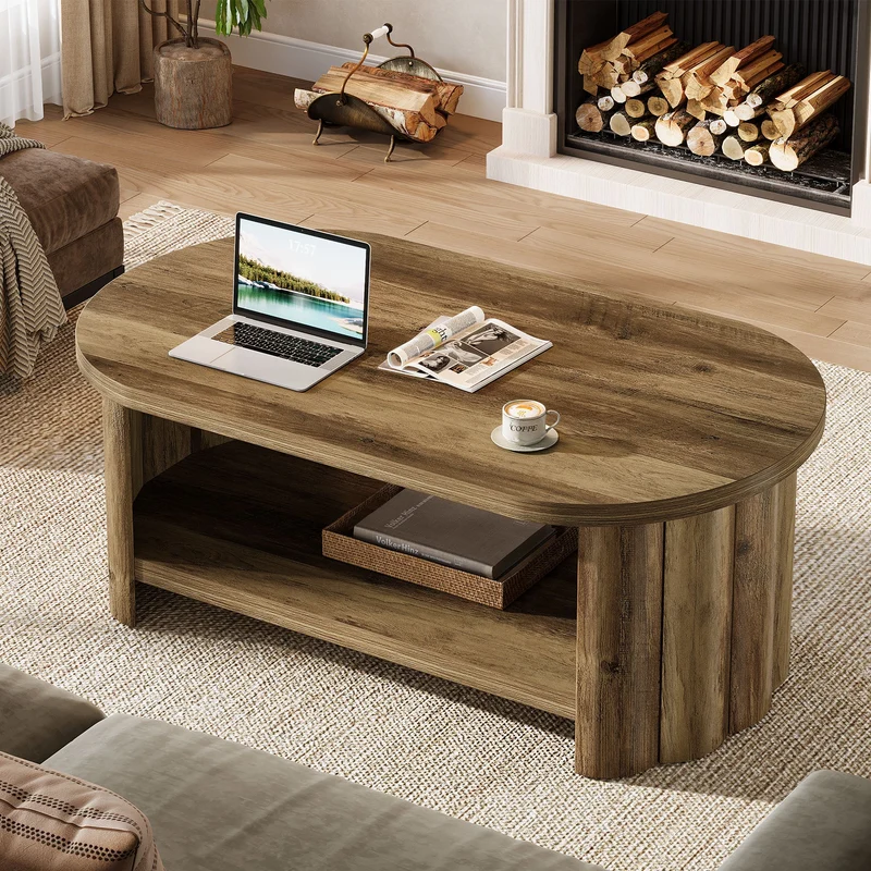 Tribesigns Table basse ovale 120 cm avec compartiment de rangement, Table de salon maison de campagne avec pied rainuré