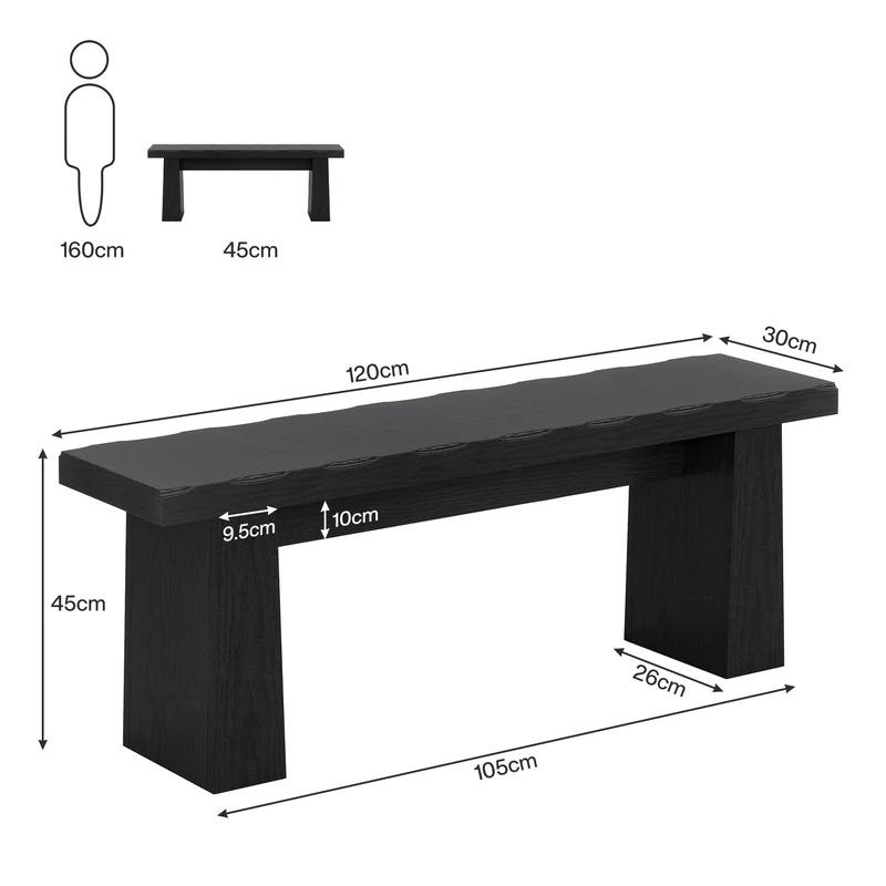 Banc noir de 120 cm, Banc en bois moderne, Banc de salle à manger polyvalent au design minimaliste