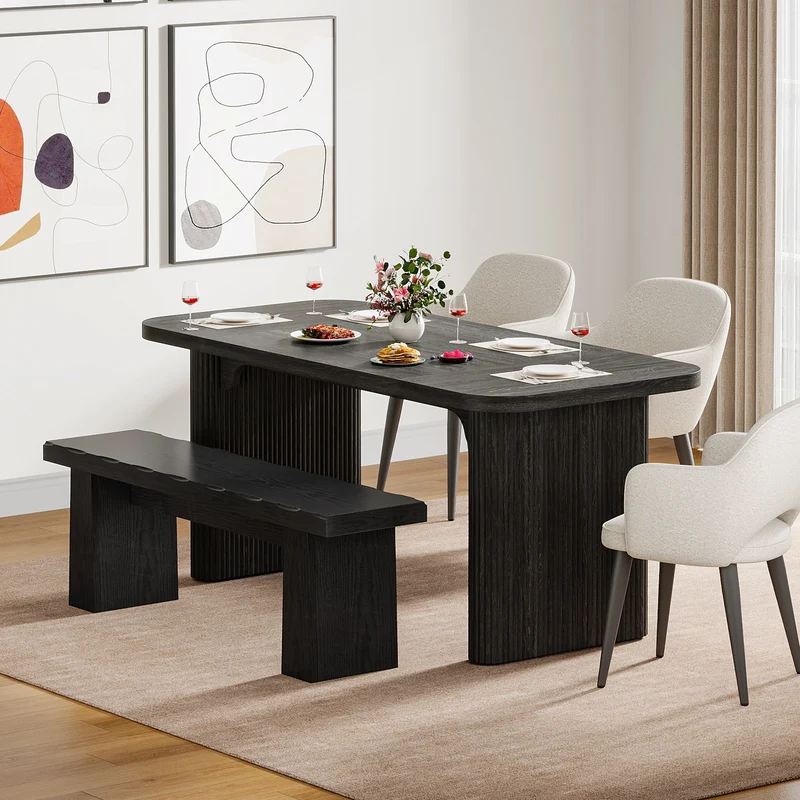 Banc noir de 120 cm, Banc en bois moderne, Banc de salle à manger polyvalent au design minimaliste