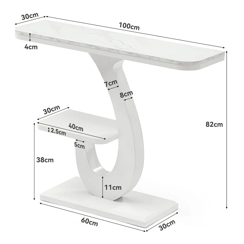 Console blanche de 100 cm, Table d'entrée étroite effet marbre avec étagère