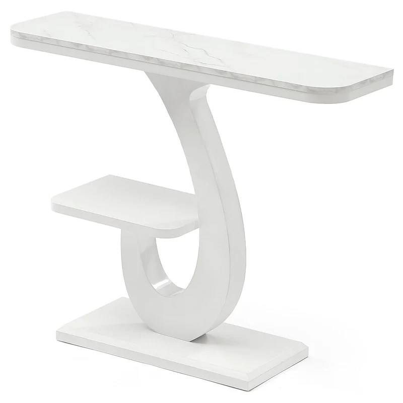 Console blanche de 100 cm, Table d'entrée étroite effet marbre avec étagère