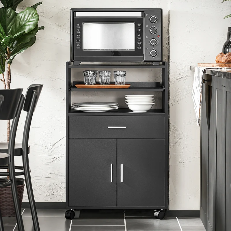 SoBuy FSB09-SCH Chariot de Cuisine sur Roulettes – Plan de Travail Extensible, 2 Étagères, Tiroir, Placard, 59×40×92 cm, Noir