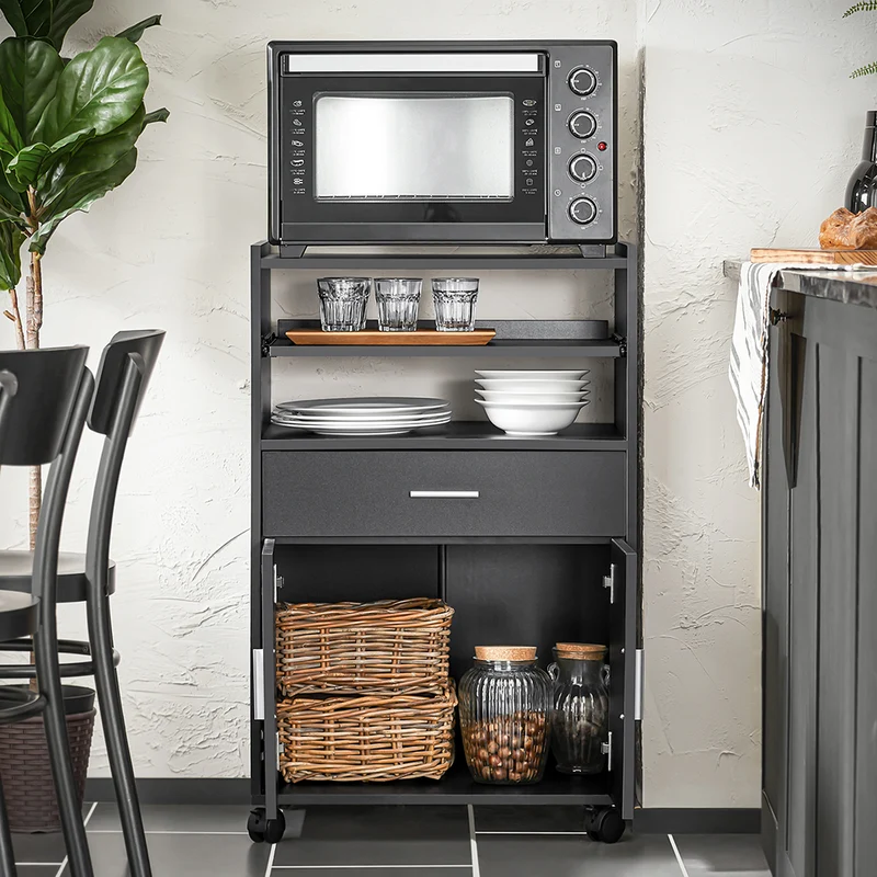 SoBuy FSB09-SCH Chariot de Cuisine sur Roulettes – Plan de Travail Extensible, 2 Étagères, Tiroir, Placard, 59×40×92 cm, Noir